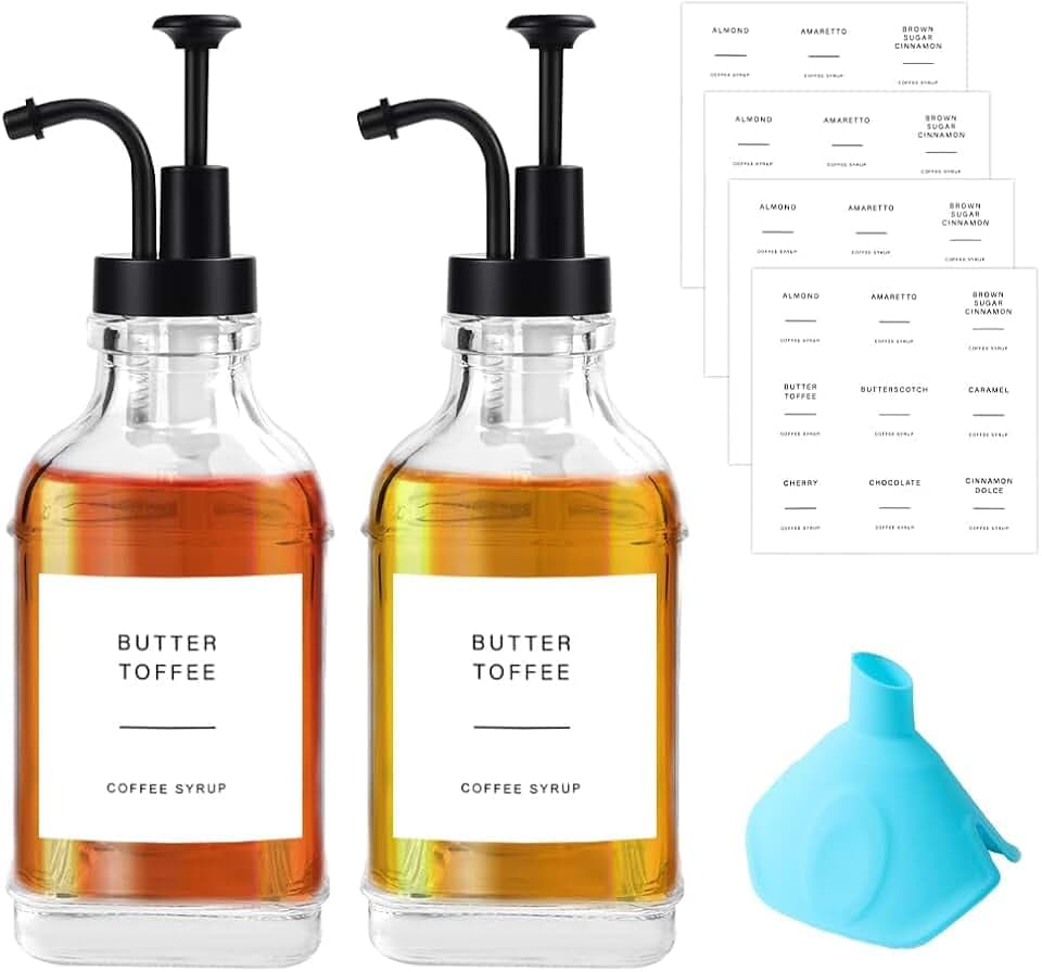 2 Stück Pumpspender Sirup, 500ML Kaffeesirup Pumpspender, mit 4 Aufklebern und Trichter Olivenöl Flasche, Essig und Ölflaschen Set, Kaffee Sirup Spender für Küche, Glas Kaffee Sirup Spender