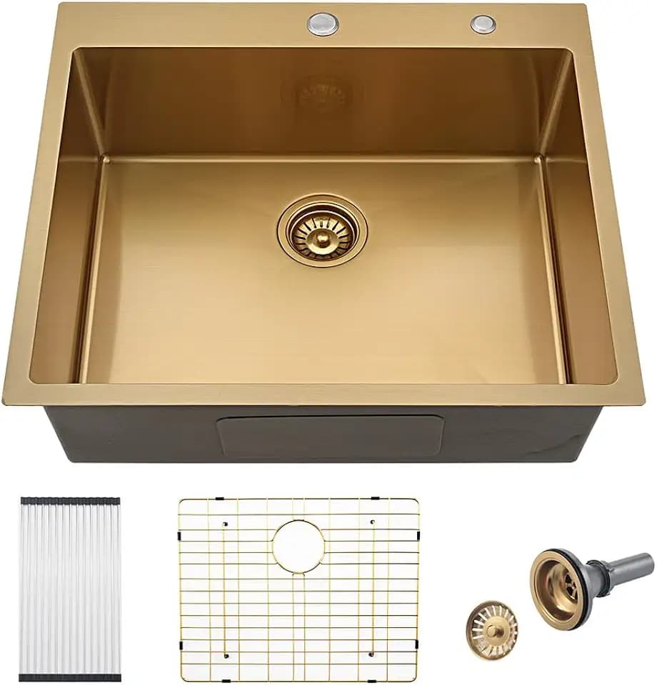 25x22 Gold Drop In Kitchen Sink, 25 Inch Drop in Laundry Utility Sink Outdoor 16 Gauge Stainless Steel Single Bowl Top Mount Kitchen Sink