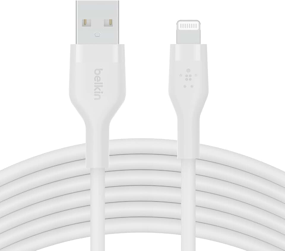 Belkin BoostCharge Flex Silikon-USB-A/Lightning-Kabel, 3 m, MFi-zertifiziertes Ladekabel für iPhone 14/14 Plus, 13, 12, 11, Pro, Max, mini, SE, iPad und andere Geräte – Weiß