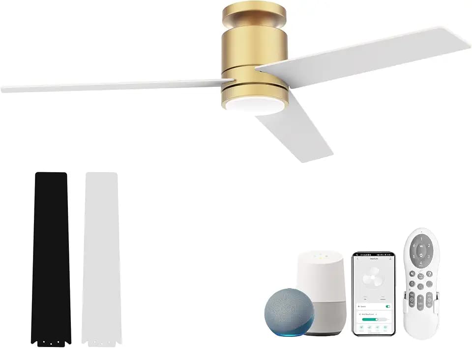 Lorpies 52” Smart Flush Mount Ceiling Fans with Lights Remote,Quiet DC Motor,Outdoor Indoor Low Profile Ceiling Fan,Voice Control via WiFi Alexa App,Modern Gold and White Black Fan for Bedroom Patio