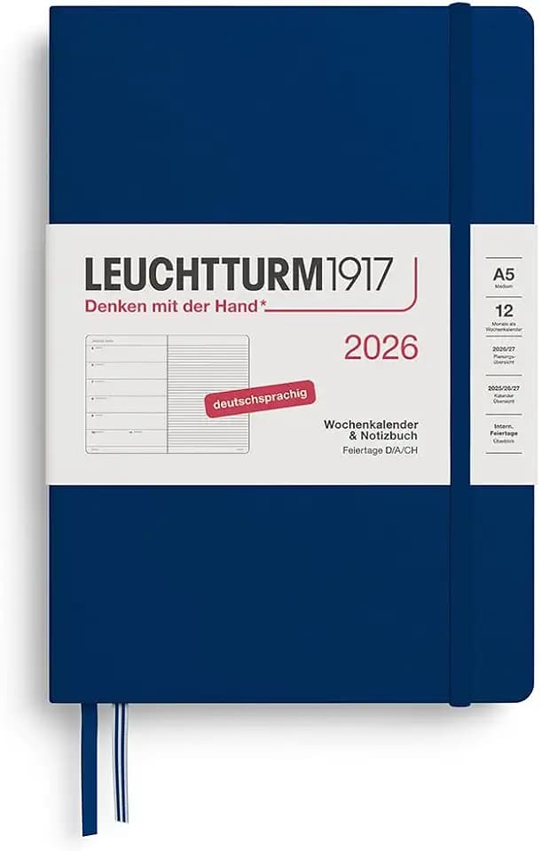 LEUCHTTURM1917 372480 Wochenkalender & Notizbuch Medium (A5) 2026, 12 Monate, Marine, Deutsch