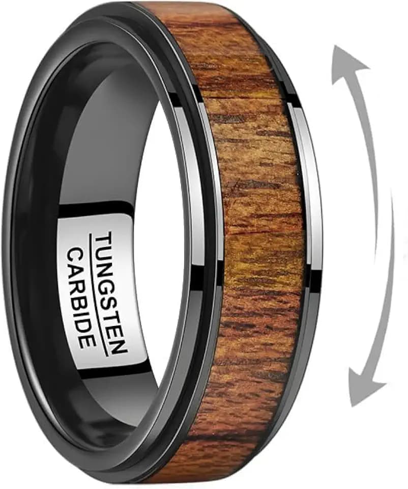 Engraved Personalized Tungsten Fidget Spinner Rings for Men 8mm Black Wedding Band Koa Wood Inlay Custom Fidget Rings for Anxiety Released Comfort Fit Size 7-12