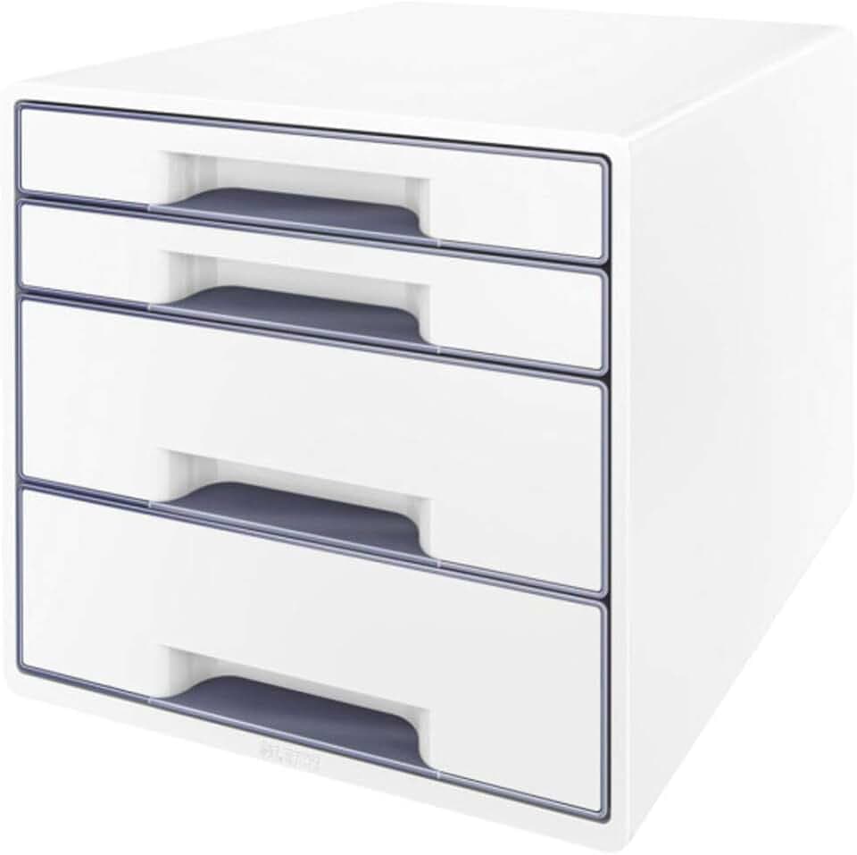 Leitz CUBE Schubladenbox mit 4 Schubladen, Weiß/Grau, A4, Inkl. transparentem Schubladeneinsatz, WOW, 52132001