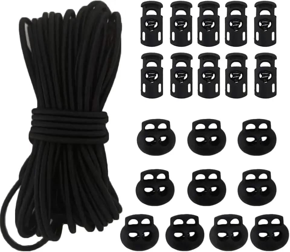 20pcs Plastic Cord Locks with 1/8-Inch 50ft Elastic Cord Heavy Stretch Round String, 10Pcs Sing-Hole, 10pcs Double-Hole Spring Toggle Stopper Slider Black (3mm-Black)