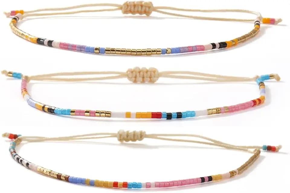 Seed Beaded String Rope Adjustable Bracelets Set for Women Men, Small Colorful Boho Rice 3Pcs Stack Handmade Thin Jewelry, Daily Beach Vacation Friendship Gift