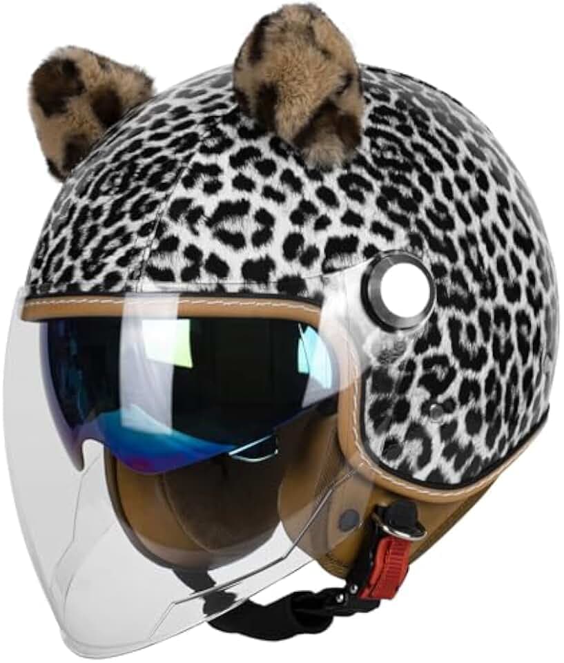 Vintage Glossy PU Leather 3/4 Motorcycle Helmet, DOT Certified Open Face Helmets with Dual Visor,Half Face Moped Helmet for Cruiser Scooter