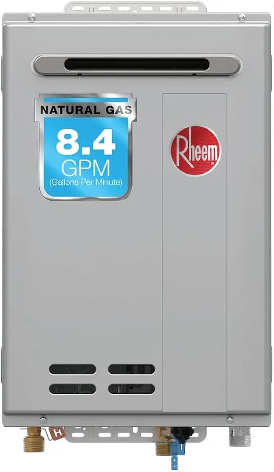 Rheem RTG Series 8.4 GPM Natural Gas Tankless Water Heater Outdoor | 180,000 BTUs High Efficiency On Demand, Continuous Hot Water | Non-Condensing