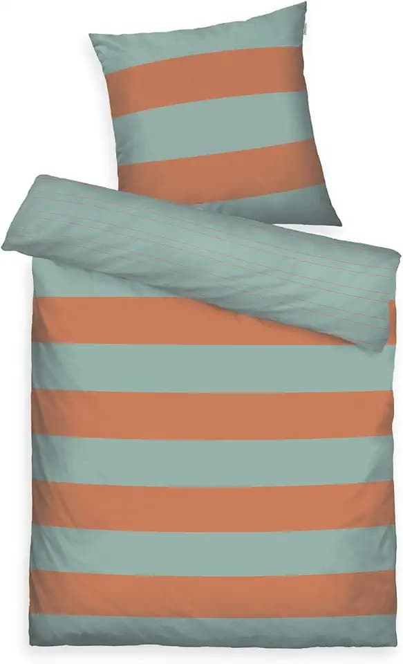TOM TAILOR Renforcé-Bettwäsche, 80x80 cm + 135x200 cm, 100% Baumwolle/Renforcé, mit Wendemotiv und farbigem Markenreißverschluss, BOLD STRIPES Orange, Türkis (Warm Coral & Fresh Sage)