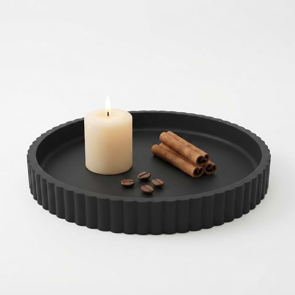 Round Solid Concrete Tray, Fluted Centerpiece for Coffee Table Decor 11"