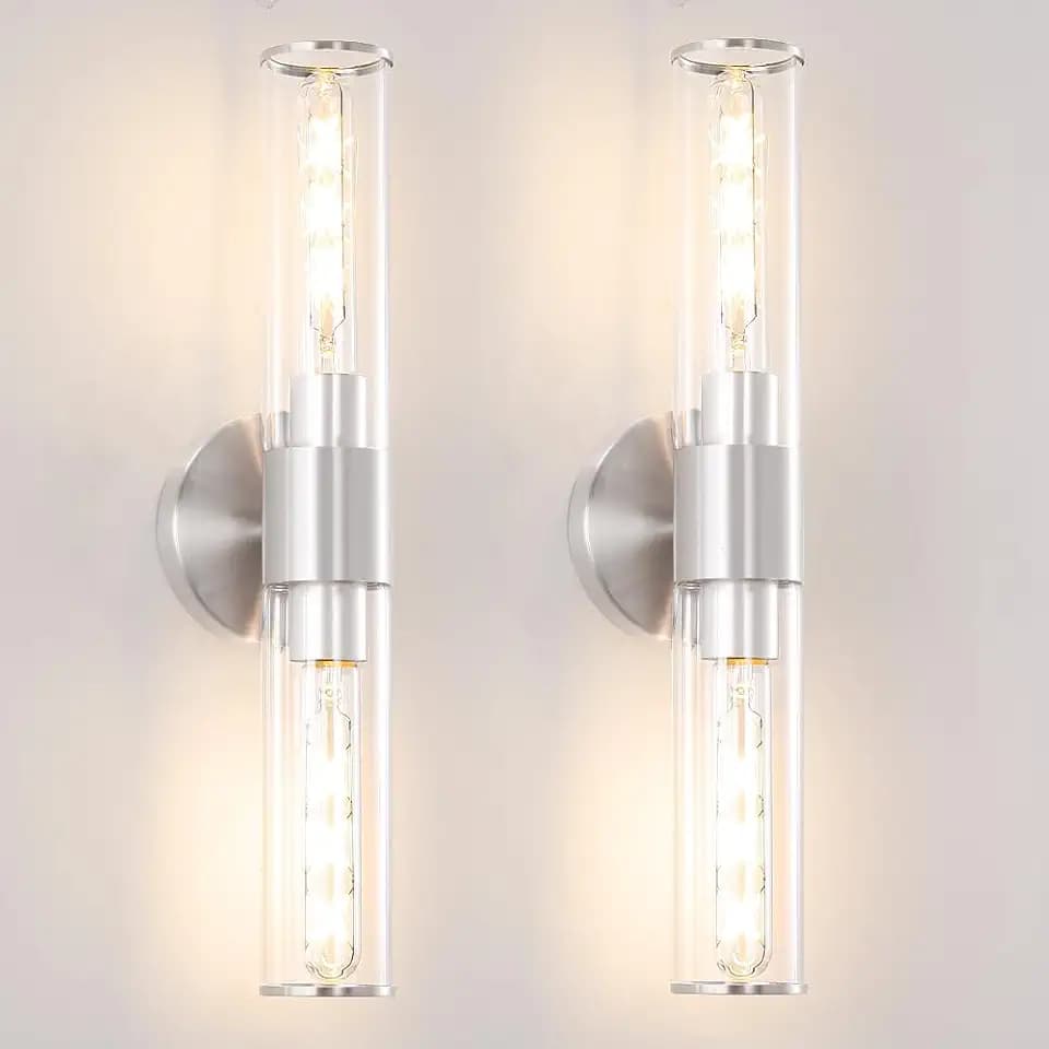 Brushed Nickel Wall Sconces Set of 2 (Hardwired Only), Bathroom Vanity Light Fixtures, Modern Cylinder Glass Wall Lights for Mirror 28-40 in Height, NOT Battery Operated, E26 Base (Bulbs Not Included)