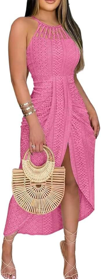 CHICME Womens Summer Halter Ruched Bodycon Long Dresses