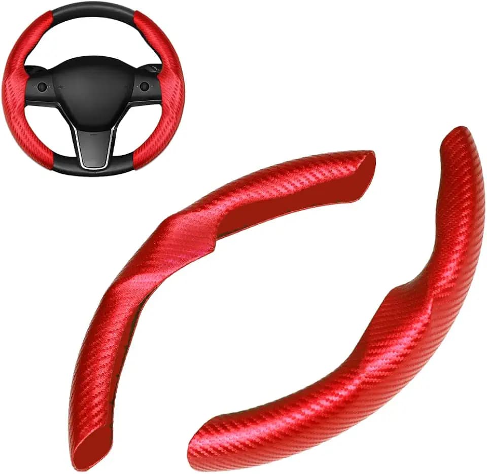 Red Steering Wheel Cover for Tesla Model 3/Y 2016-2025 2026 Juniper/Highland | Non-Slip, Segmented, Custom-Fit, Carbon Fiber | Model Y Juniper Accessories | Model 3 Highland Accessories