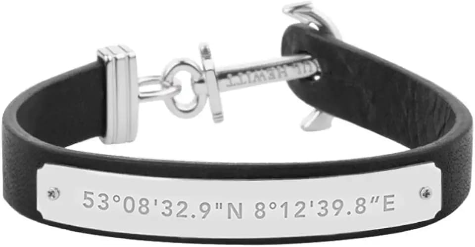 PAUL HEWITT Herren Ankerarmband Signum Koordinaten mit Leder Band in Schwarz und Anker aus Edelstahl in Silber PH-MSC-S-B-M