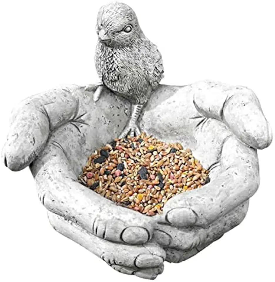 EatingBiting 7.5" Bird Bath Feeder in Hands Stone Garden Patio Ornament Water Decor Hand-Shaped Creative Resin Bird Feeder Outdoor Garden Decorations Ornaments for Porch Pathway Yard