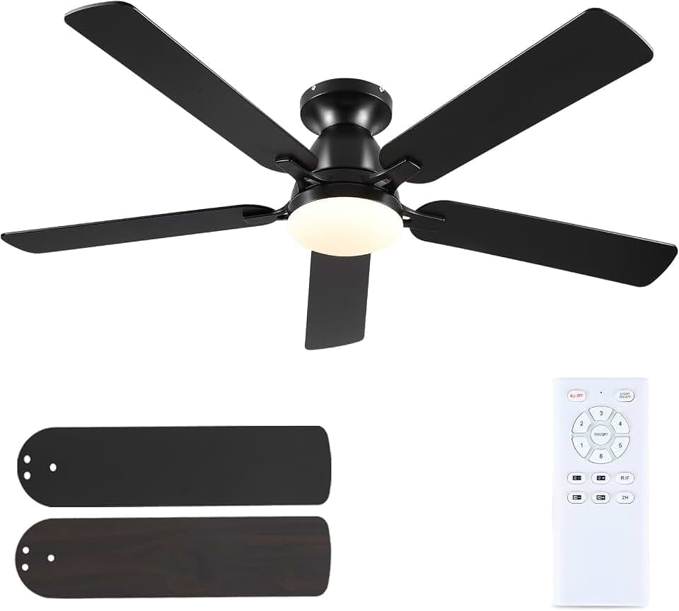 52 Inch Low Profile Flush Mount Ceiling Fans with Lights Black