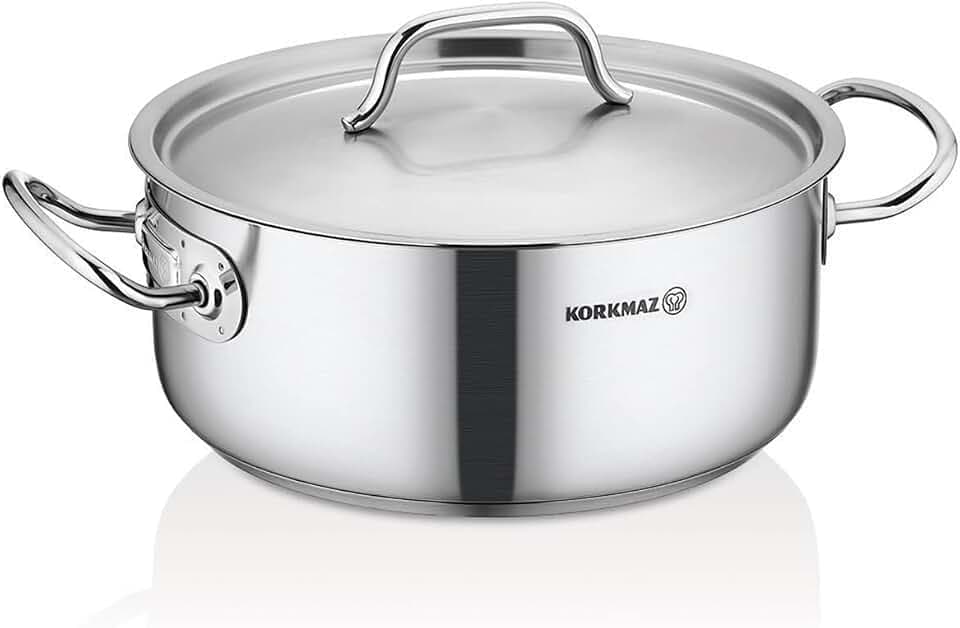 Korkmaz 18/10 Stainless Steel Low Casserole Pot with Dual Handles, Durable Heavy-Gauge High-Performance Multi-Purpose Cookware with Lid - 26.5 Quart Capacity, a2743