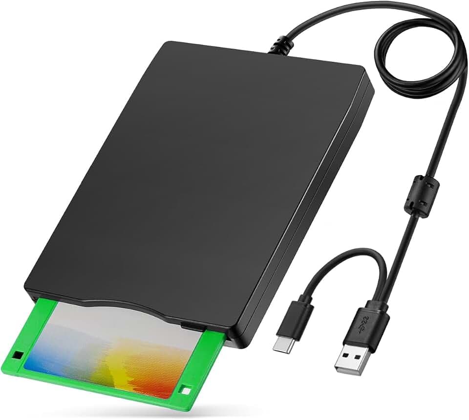 Externes USB-Diskettenlaufwerk 3,5 Zoll, 1,44 MB, Floppy Disk Laufwerk mit USB-A & USB-C, zum Lesen und Schreiben, für PC, Laptop, Mac und Linux, Plug & Play, Schwarz