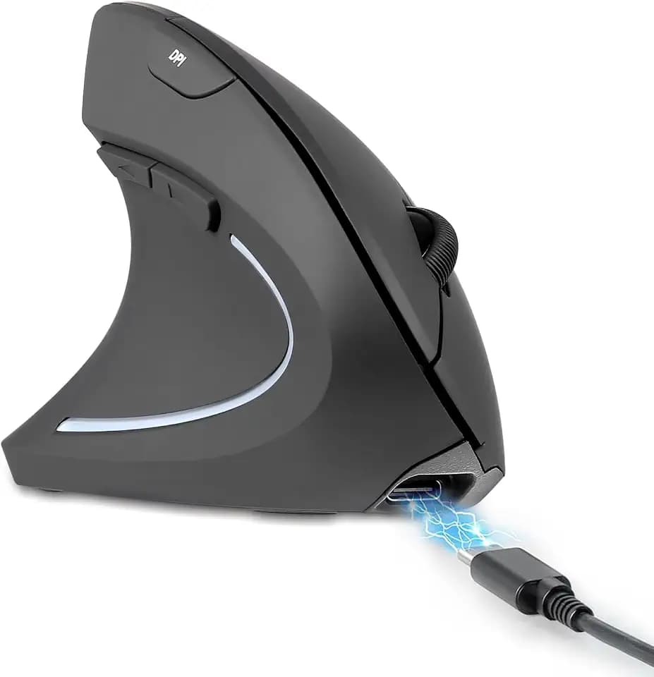 Perixx PERIMICE-713LR - Cordless Rechargeable Vertical Mouse - Duo Wired and Wireless Charging Feature - 6 Buttons Design - Black - Left Handed
