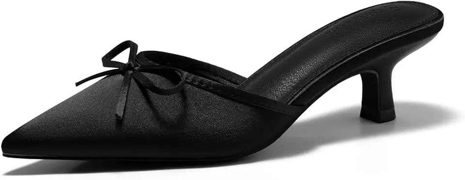 Coutgo Womens Kitten Heels Mules with Bow Satin Slip on Pumps Closed Pointed Toe Dress Wedding Party Shoes