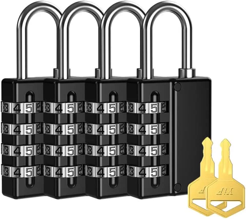 AMIR 4 Pack Combination Padlock, 4 Digit Resettable Security Padlock with Keys, Waterproof Gate Lock for School, Gym or Sports Locker, Fence, Toolbox, Case, Hasp Storage, School Supplies