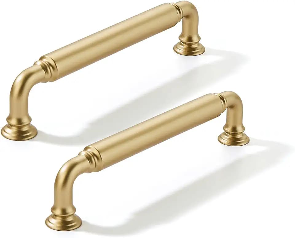 2 Pack 5 Inch Hole Center Brushed Gold Cabinet pulls Heavy-Duty Solid Matte Satin Gold Cabinet Handle Hardware Suitable for cabinets Dressers Kitchens and Bathroom cabinets.