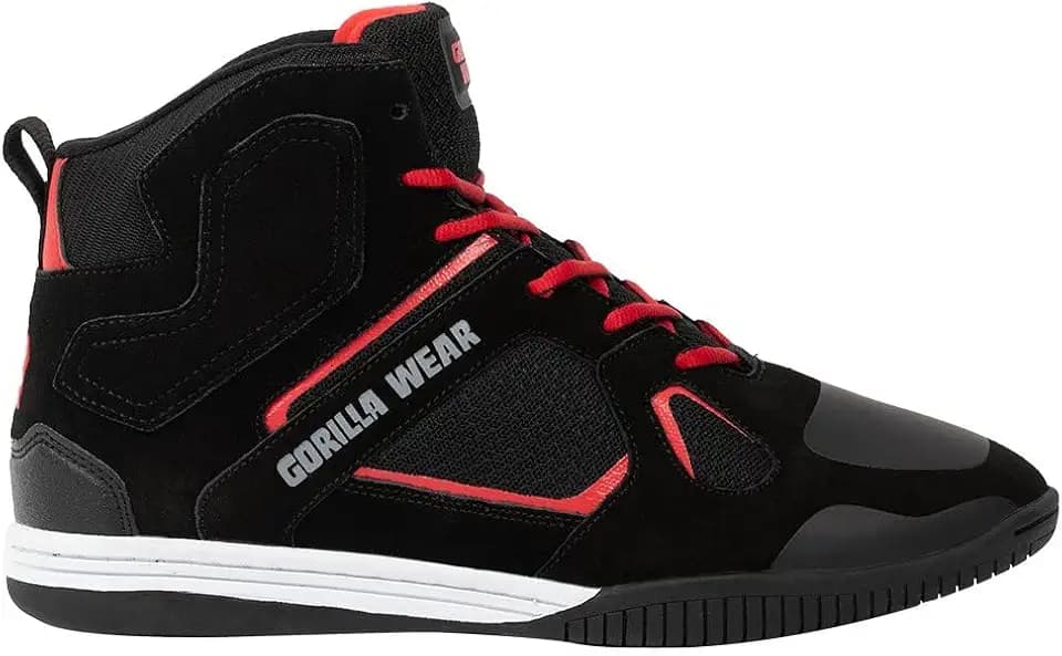 Gorilla Wear Bodybuilding Schuhe Troy High Tops - Schwarz/Rot - Sport Freizeit Alltag Training Workout Schnürsenkel mit Logo Bequem Extra Starker Halt für Herren