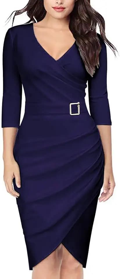 Rayson Kleid Damen Elegant mit Gürtel V-Ausschnitt 3/4 Ärmel Langarm Bodycon Festliche Kleider Cocktailkleid Damen