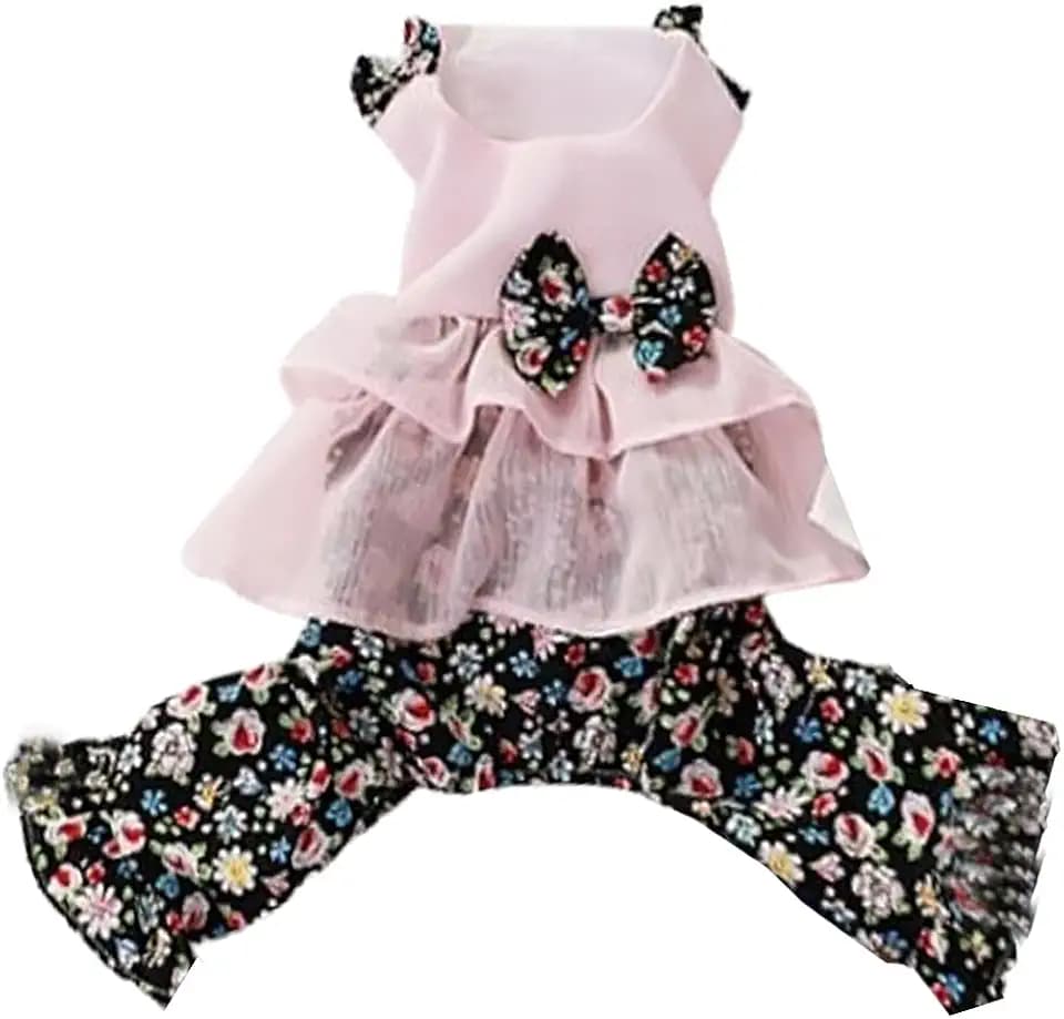 Vintage Floral Bowknot Sleeveless Romper for Small Dogs Cats Rabbits, Breathable Cotton Ruffle Flared Pants, Teacup to Small-Medium Pets for Walk Photo Vacation (Pink-Floral, Small)