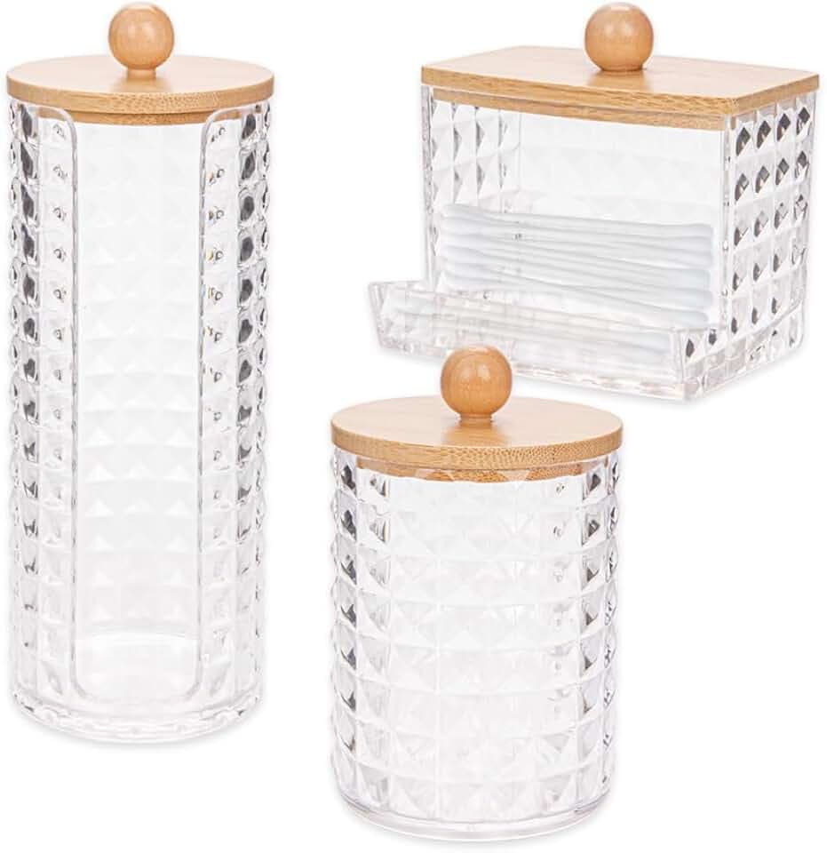 3 Stück Wattestäbchen Behälter mit Bambusdeckel, Aufbewahrung für Wattepads, Make-Up Organizer, Ohrenstäbchen Spender, Schminktisch Zubehör
