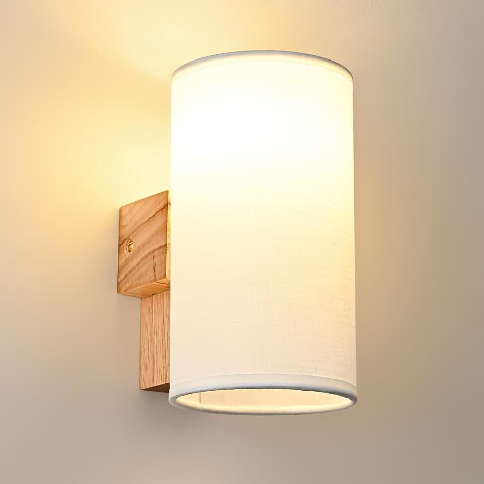 Wandleuchte Holz Innen, Vintage Wandlampe innen mit E14 Fassung， Retro Wandleuchten Boho aus Stoffbezug， Wandbeleuchtung Industrial für Treppenhaus Wohnzimmer Schlafzimmer Flur, Zylindrisch