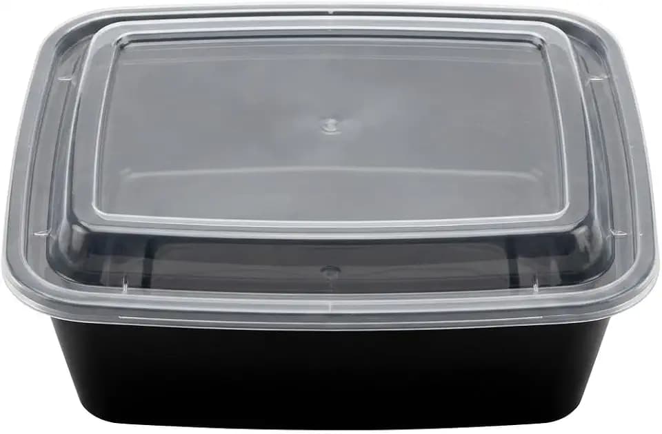 16 oz Meal Prep Containers with Black Base & Clear Lids 100 Sets Commercial Rectangular 1.5 Inch Depth Microwavable BPA-Free Disposable for Restaurants
