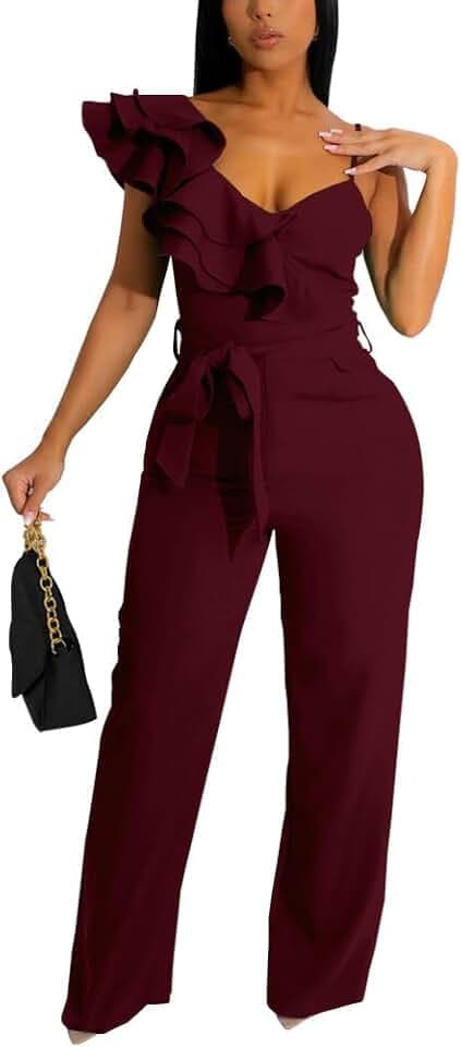 HBQ Womens Casual One Piece Jumpsuits V-Neck Sleeveless Ruffle Elegant Romper Wide Leg Pant Sexy Party Clubwear Overalls