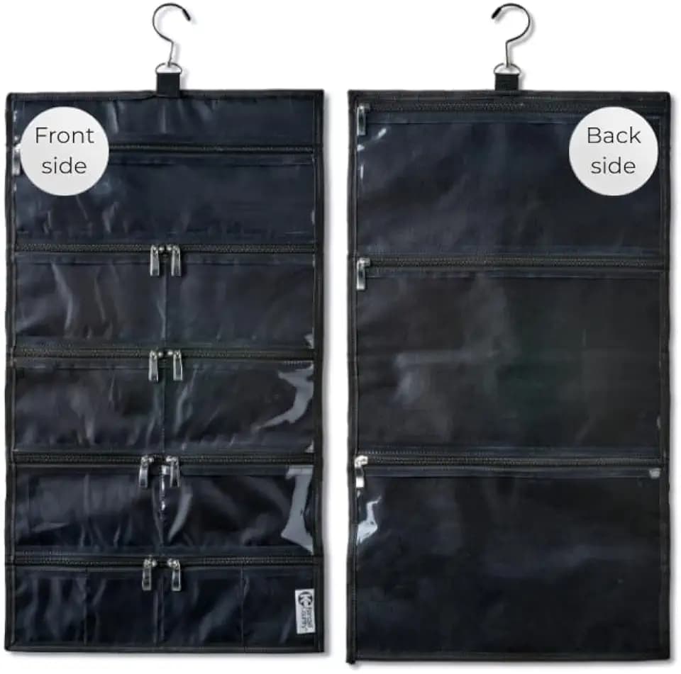 On-The-Go Organizer, 14 Clear Vinyl Pockets, Hanging Travel Case for Makeup and Accessories, 13.5 x 24 inches (Raven, Large)