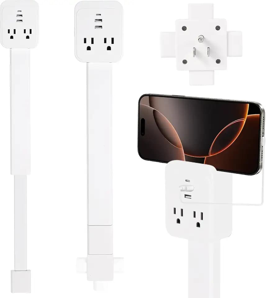 17-41in Outlet Extender，Upgrade Stable USB-C&USB-A Wall Outlet Extender Made of Fire Resistant Material，Wall Plug Extender Anti Wire Clutter， 4 Fixed Angles Suit for Outlet Behind Desk, Sofa（White）