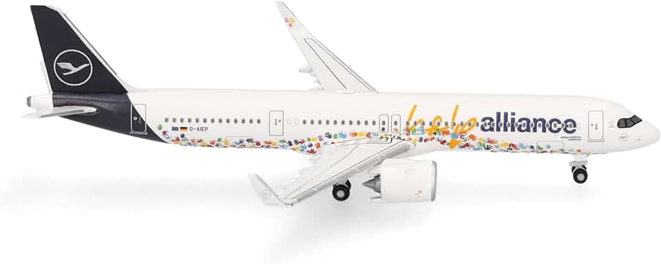 Herpa Modellflugzeug Lufthansa Airbus A321neo Help Alliance, Miniatur im Maßstab 1:500, Sammlerstück, Flugzeug Modell ohne Standfuß, Metall