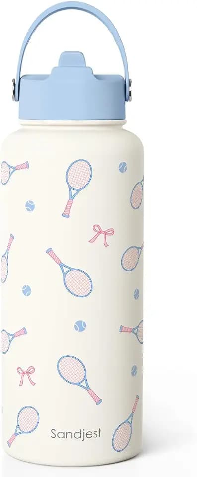 SANDJEST Tennis Water Bottle Stainless Steel 32oz with Lid & Straw, Aesthetic Sport Insulated Bottles Gifts for Girls Friends Teens Birthday Christmas