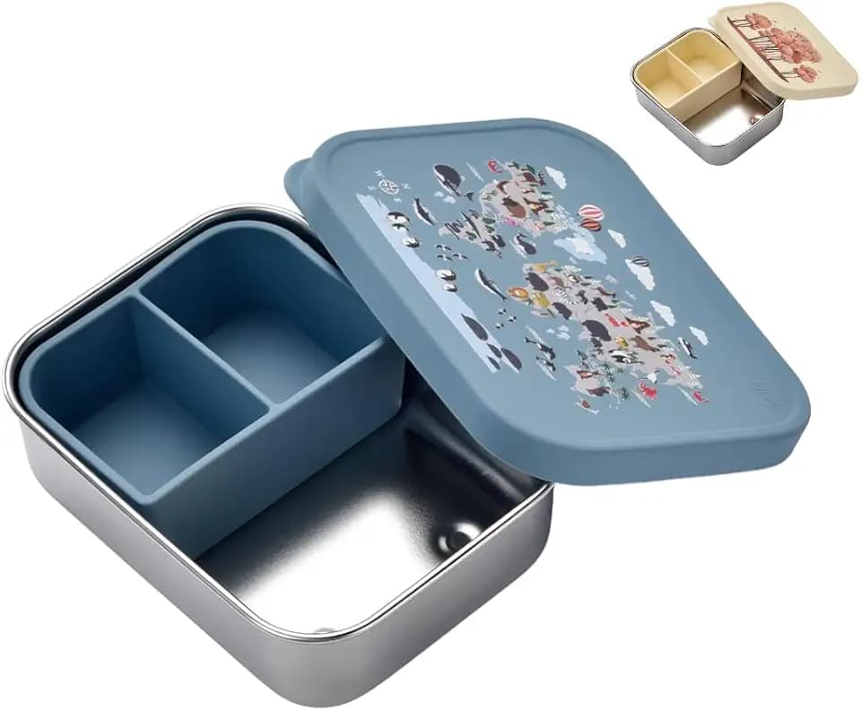 Jenard Edelstahl Brotdose für Kinder – kompakte Brotdose/leichte Snackbox mit Silikon Deckel & Trennfach. Ideal für Kindergarten & unterwegs. Auslaufsicher & BPA-frei, Blau/Weltkarte mit Tiere