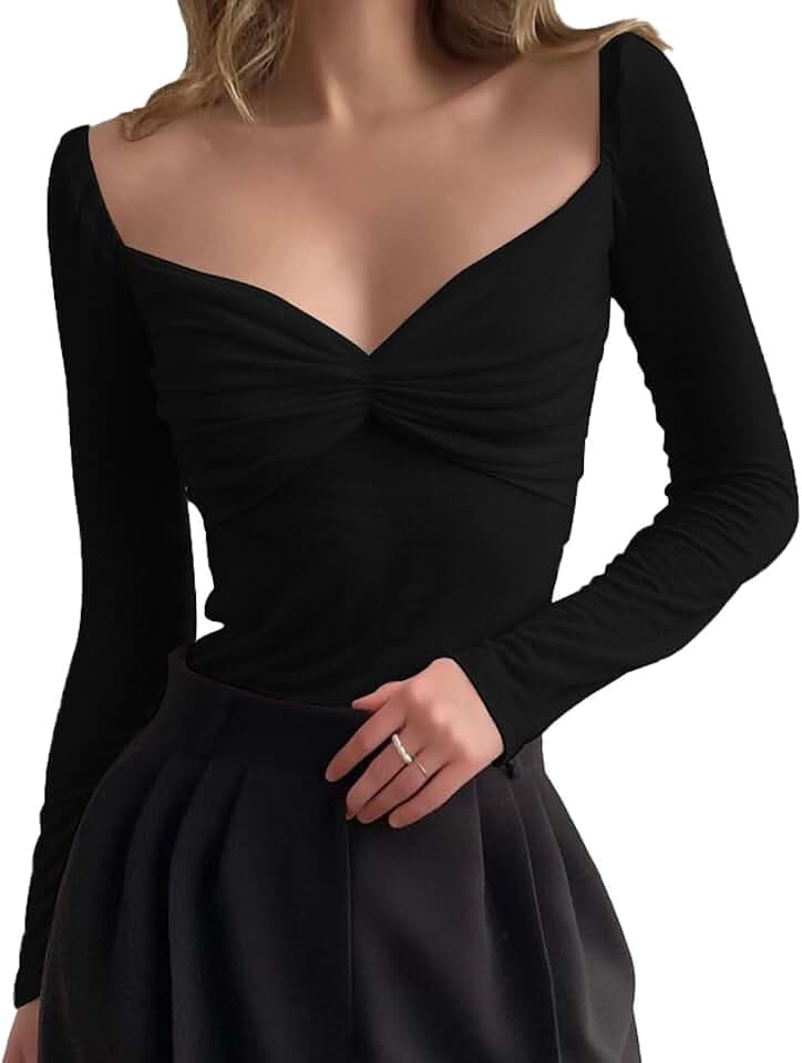 Sexy Tencel Chiffon Oberteile, Slim Fit Frauen Gerüschte Maschenware Lange Ärmel, V-Ausschnitt See Through Shirts für Frauen, Damen Sexy Clubwear Top(Schwarz/Weiß, S-L)
