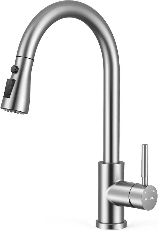 WEWE Pull-Down Kitchen Faucet, 3-Mode Sprayer, Brushed Nickel, High Arc