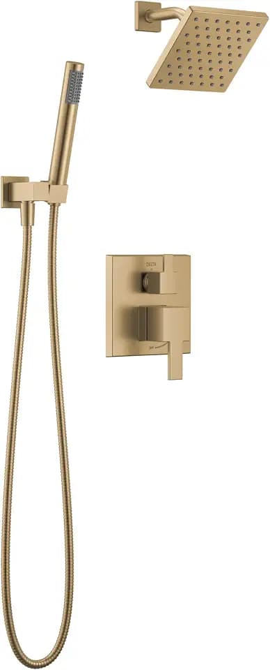 Delta Modern Square Shower System Faucet Set, Brushed Gold 6.5-inch Shower Head and Handle Set, Valve Trim Kit, Champagne Bronze T342703-CZ (Valve Not Included)