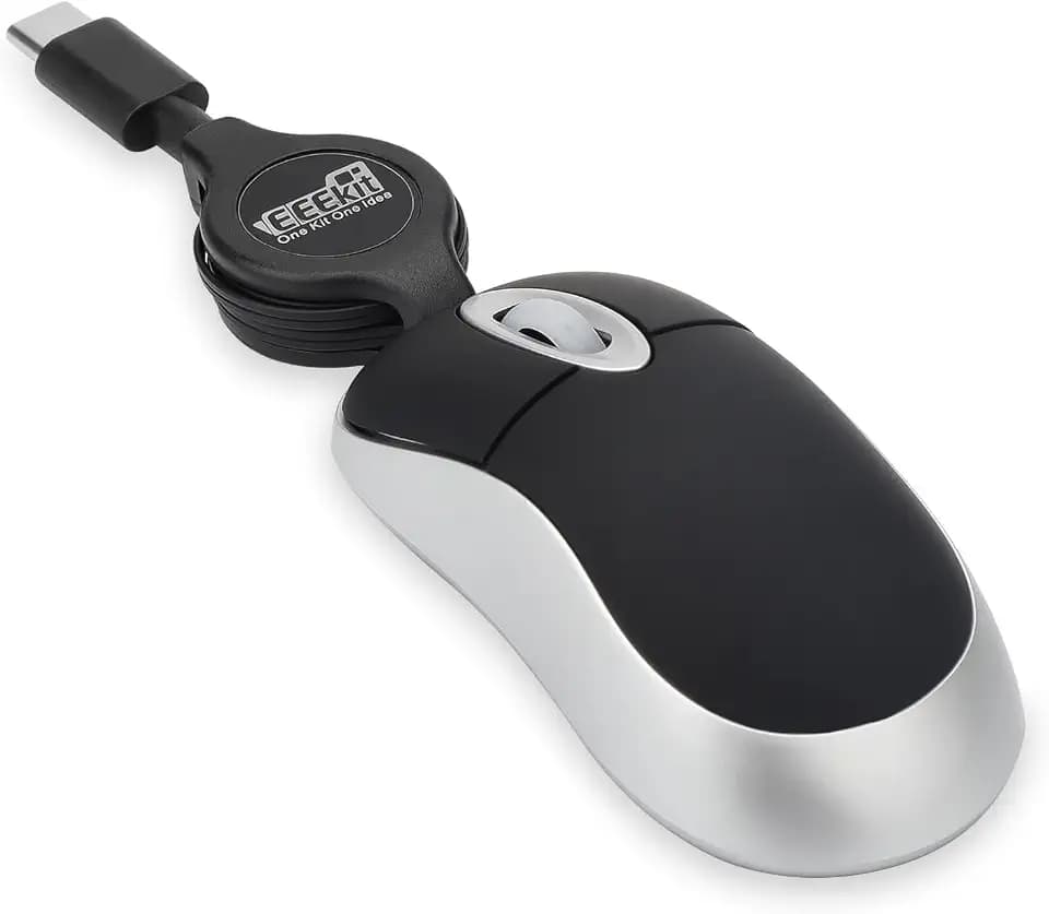 EEEKit Mini Wired USB C Mouse, 3-Button Retractable Corded Mouse, Black