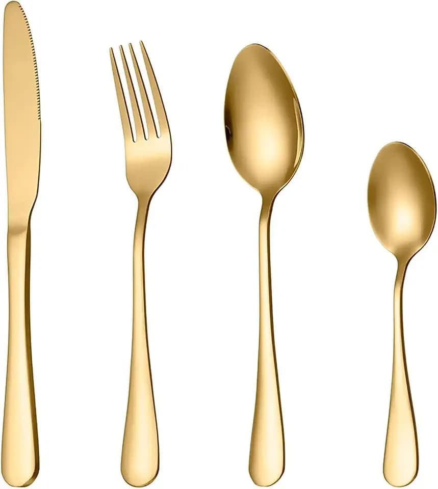 Besteck Set für 6 Personen, 30 teilig Edelstahl Besteckset, Gold Essbesteck Set mit Kuchengabeln Messer Gabel Löffel, Hochwertiges Besteck & Spülmaschinenfest