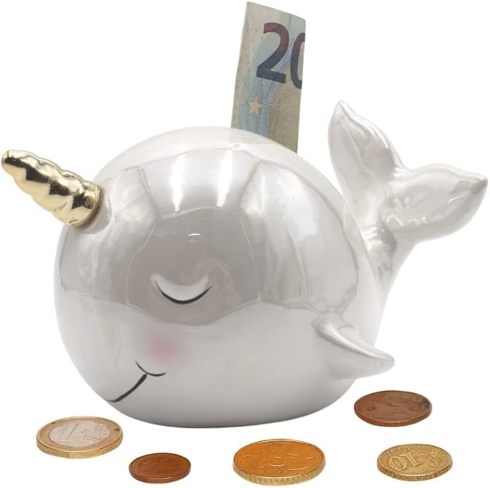 Dekohelden24 Keramik Spardose als Wal Perleffekt, Weiß, Einhorn-Wal - Spar-Wal - Walsparbüchse - Saving-Box, L/B/H: ca. 17 x 13 x 11 cm