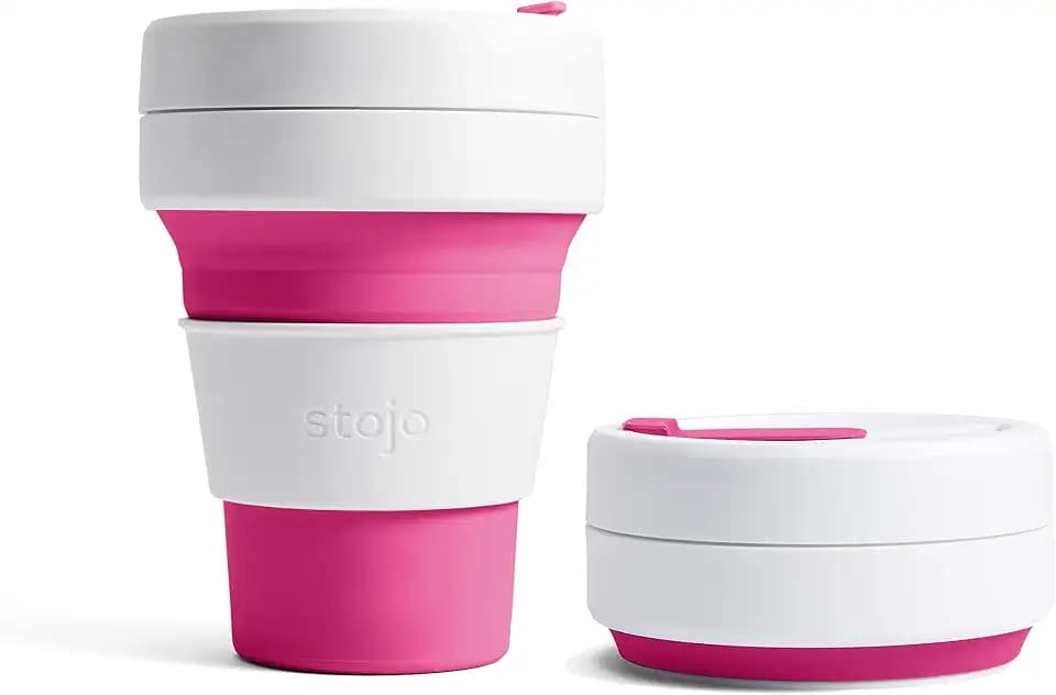 STOJO On-The-Go Faltbarer Kaffeebecher – 355 ml – wiederverwendbarer und faltbarer Silikon-Reisebecher mit Deckel – tragbar, Taschenformat – spülmaschinenfest – Nelkenrosa