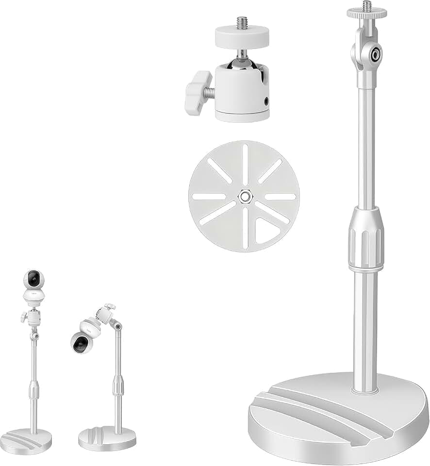 White No Drill Telescoping Security Camera Mount, Adjustable Indoor Camera Stand with 360° Swivel Ball Head, Compatible with IP Cameras, Baby Pet Monitor, 1/4" Screw & Universal Adapter