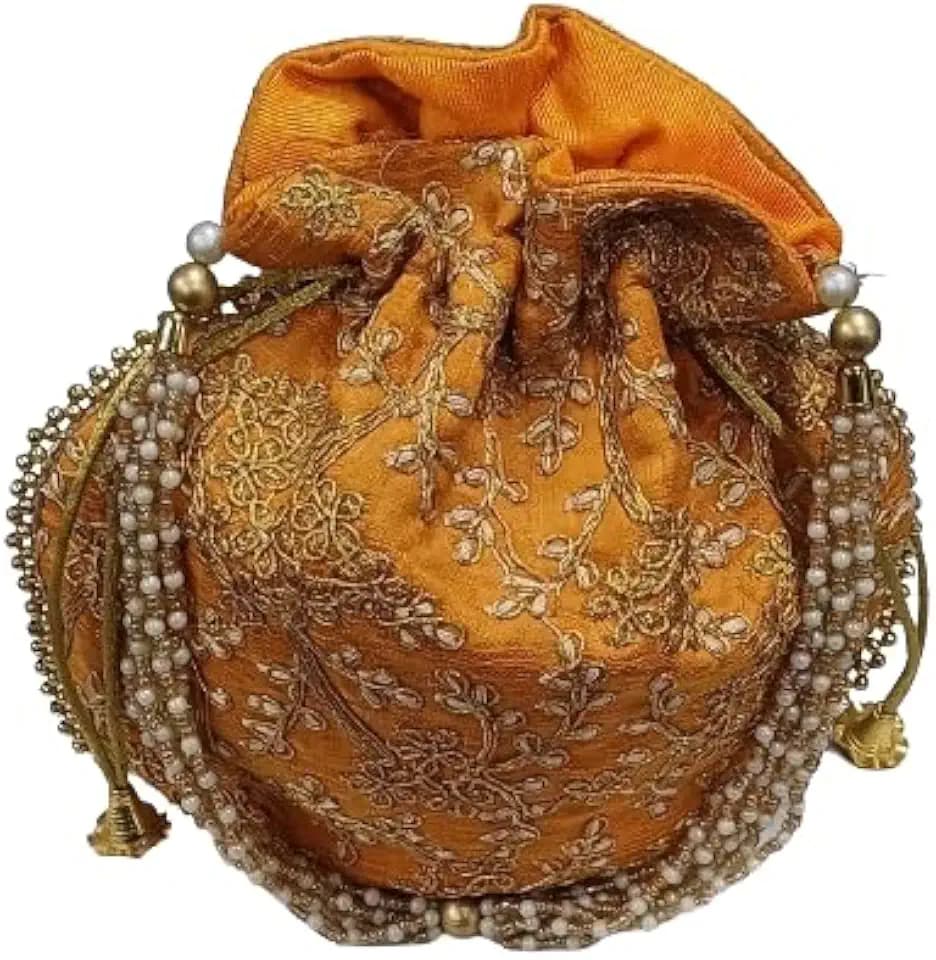 Indian Handmade Flower Embroidered Olive green Cotton Potli Bag Clutch Purse Pouch Drawstring Bag For Women's Wedding Gift