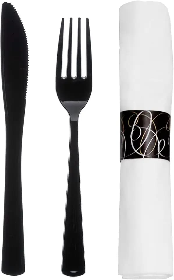 Party Essentials Party Supplies Wrapped Silverware Set Disposable, Pre Rolled Napkin and Cutlery, Forks/Knives Black, 50 Units