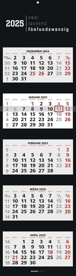 Alpha Edition - 5-Monatskalender Black 2025 Bürokalender, 33x20cm(33x120cm geöffnet), Kalender mit Jahresübersicht, Datumsschieber, faltbar, 5 Monate auf einen Blick und deutsches Kalendarium