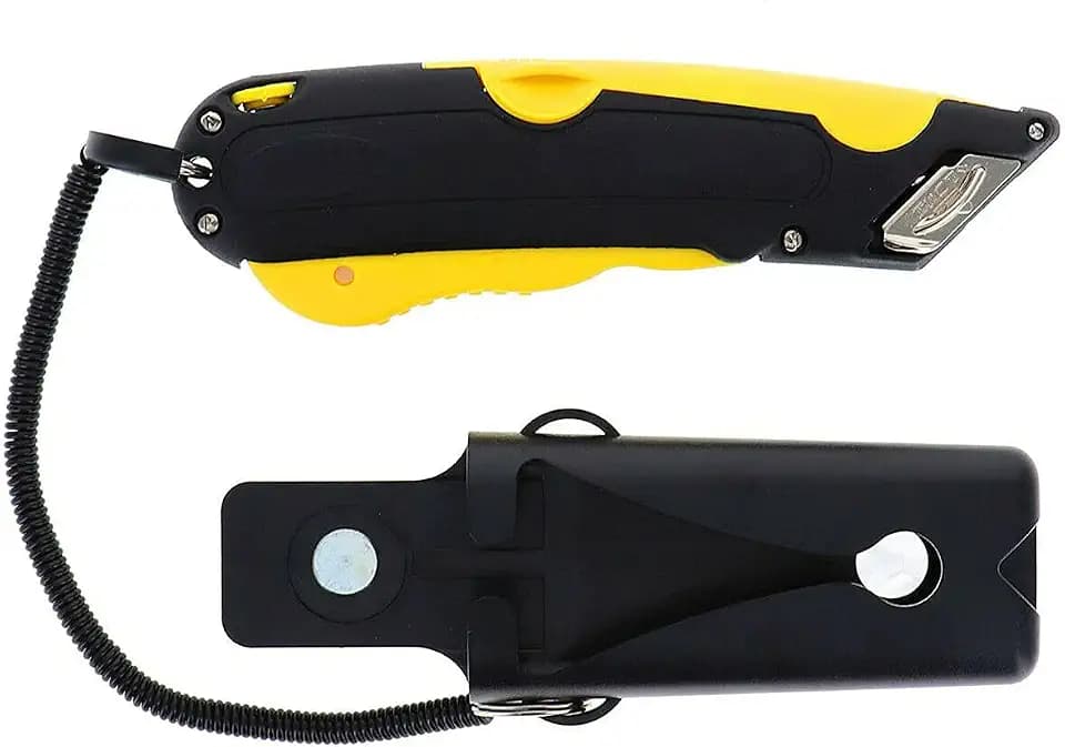Veltec EZ-1000 Safety Box Cutter Utility Knife, 3 Blade Depth Setting, Squeeze Trigger and Dual Side Edge Guide, 2 Blades, Holster and Lanyard (Yellow)