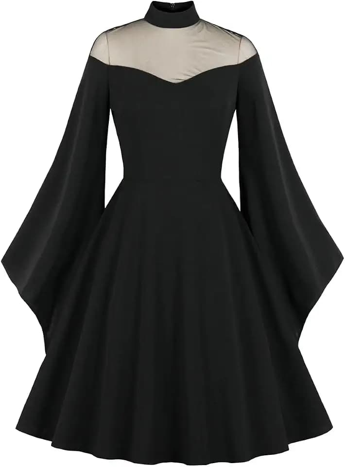 Wellwits Damen Mesh Glockenärmel Halloween Gothic Vintage Kleid